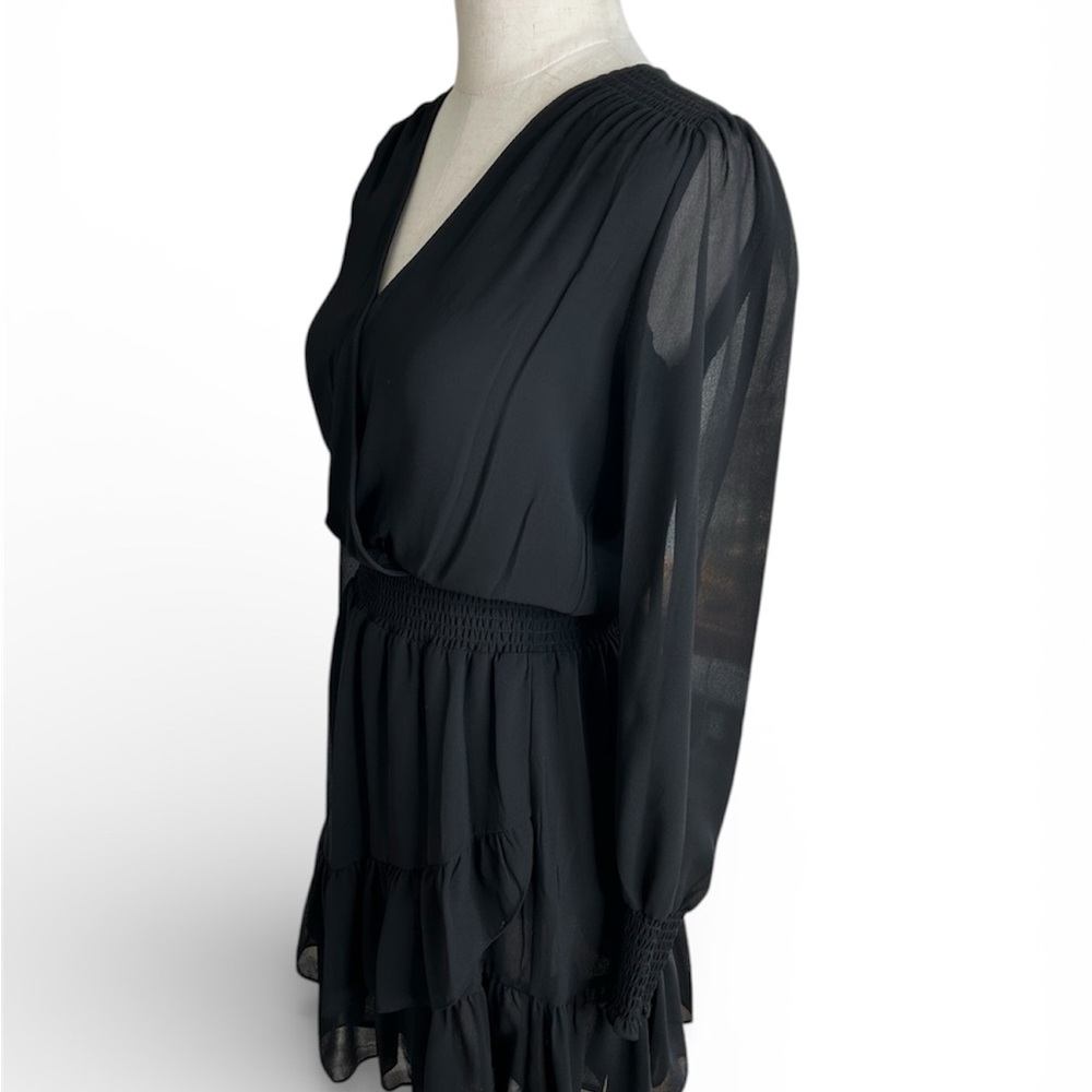 Michael Kors Black Sheer Dress Ruffle Hem Flowy V Neck Cinched Waist Size XS - Picture 4 of 6